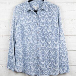 Kim Rogers Medium Blue White Ikat Geometric Button Down Long Sleeve Shirt